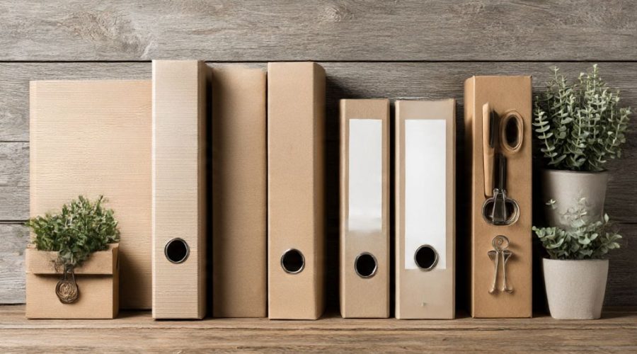 Eco-friendly cardboard binders and sustainable office filing supplies arranged on wooden desk