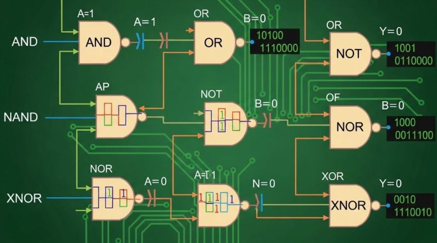 Diagram showing binary logic gates processing digital signals in integrated circuits