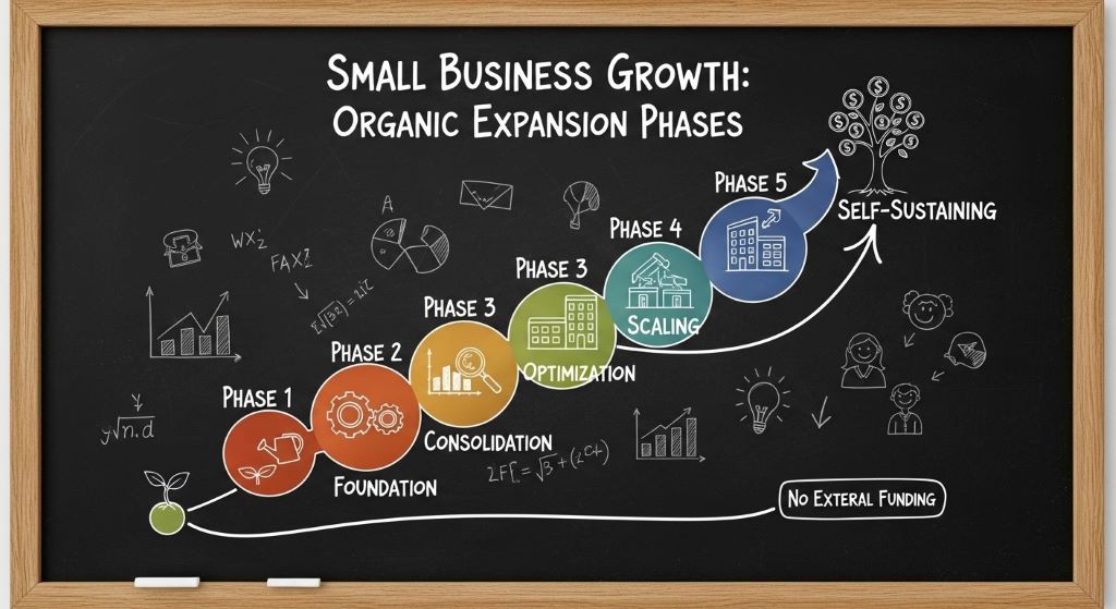 Small business growth diagram illustrating incremental expansion phases without external funding or investor capital