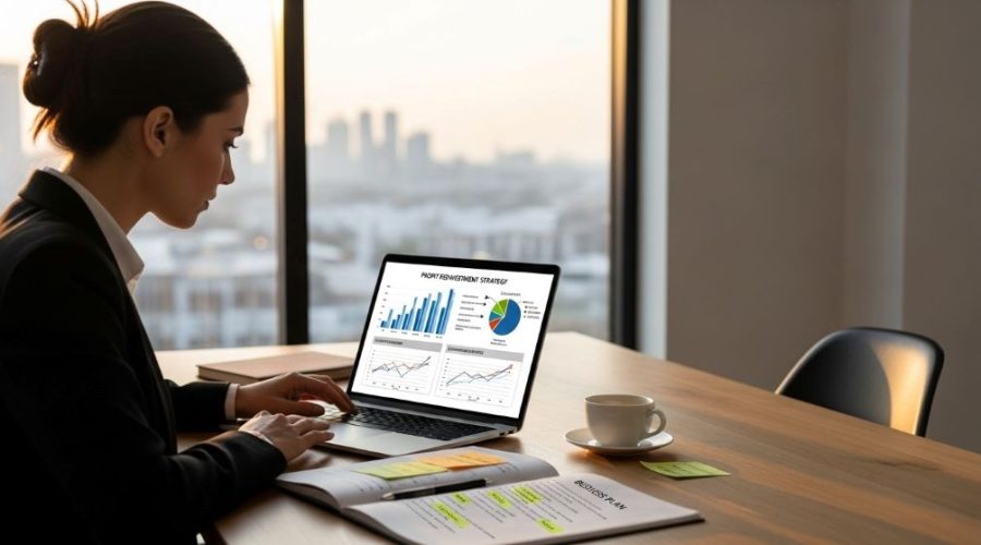 Business owner reviewing financial charts and expansion plans on laptop showing profit reinvestment strategy