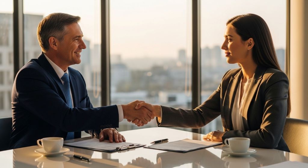 Handshake between buyer and seller after a successful business sale