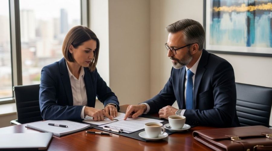 Business owner and lawyer reviewing a sale contract at a desk
