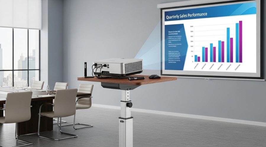 Adjustable projector stand in modern meeting room setup