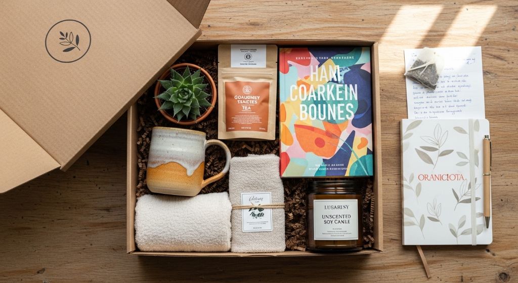 Flat lay of a curated subscription box open on a table with neatly arranged lifestyle products inside