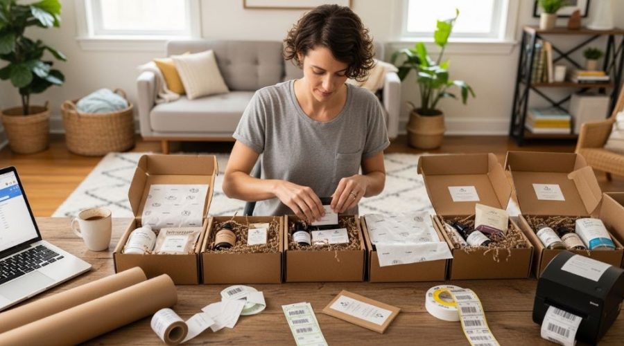 Entrepreneur packing products into subscription boxes at a home workspace surrounded by packaging materials