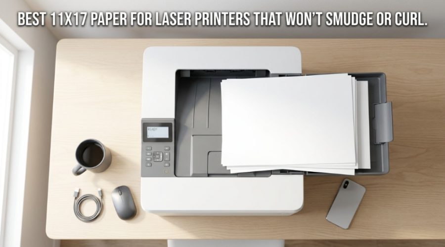 Professional laser printer holding a stack of premium 11x17 paper in a bright office.