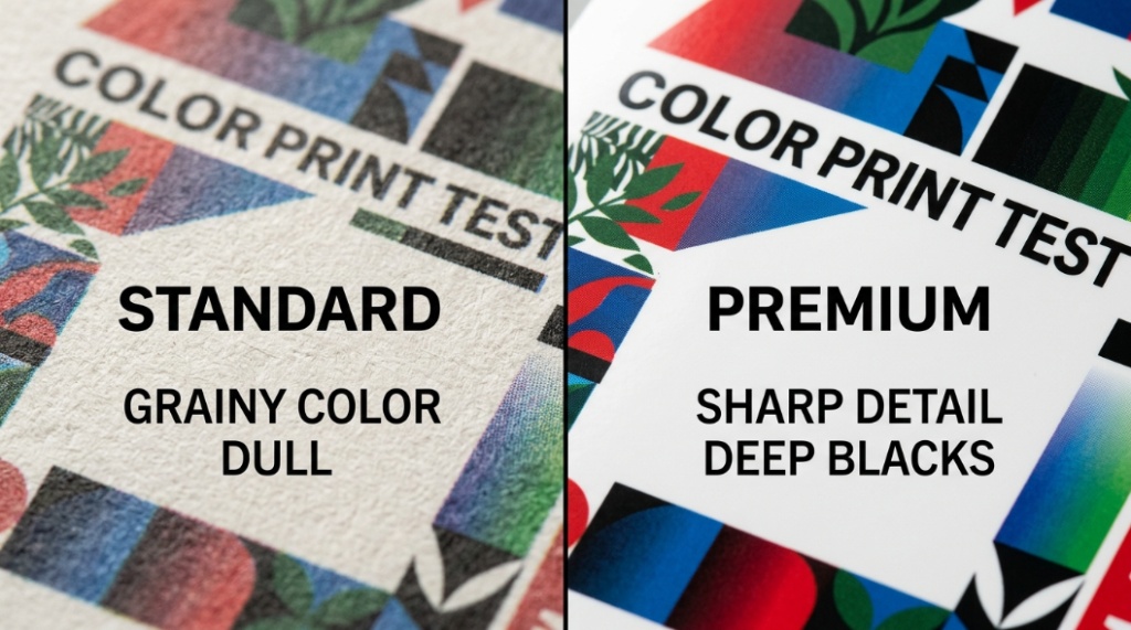 Side-by-side comparison of color print quality on standard grainy paper versus ultra-smooth premium paper.