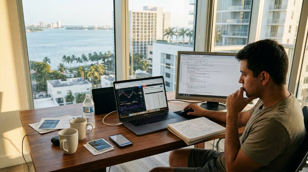 Day trader in Miami reviewing demo forex trades with free online tools and economic calendar updates