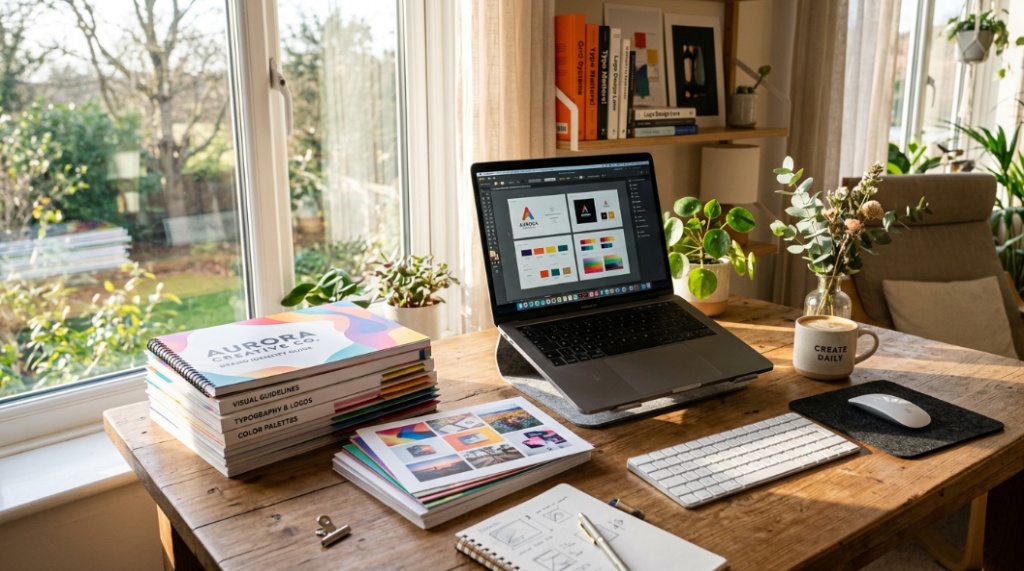 A stack of professional color-rich graphic design prints sitting on a clean wooden desk near a laptop.