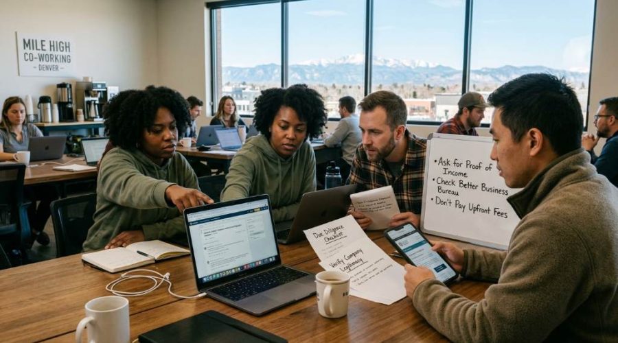 Remote worker in Denver researching online income scams