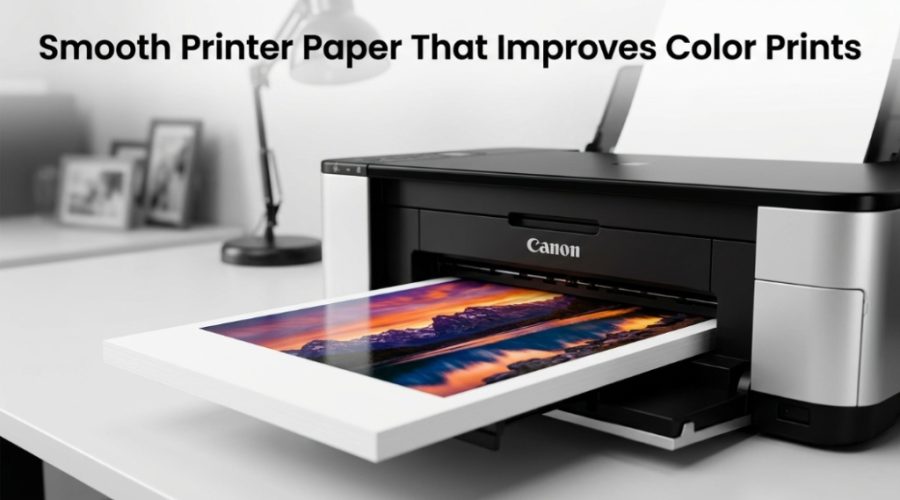 Vibrant color landscape photo being printed on bright white smooth printer paper in a modern office.