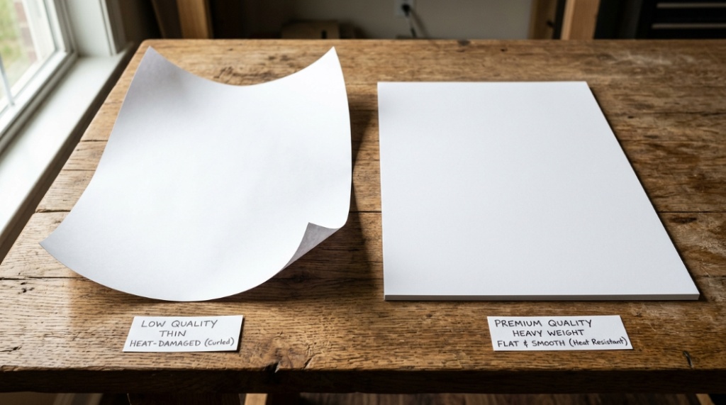 A comparison of flat, high-quality 11x17 paper versus cheap curling paper on a desk.