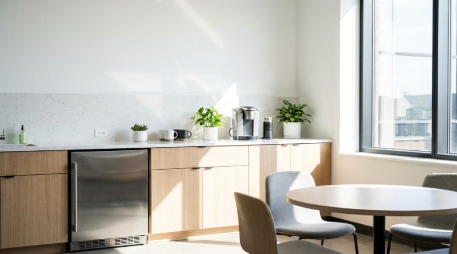 A sleek stainless steel compact refrigerator in a bright small business breakroom.