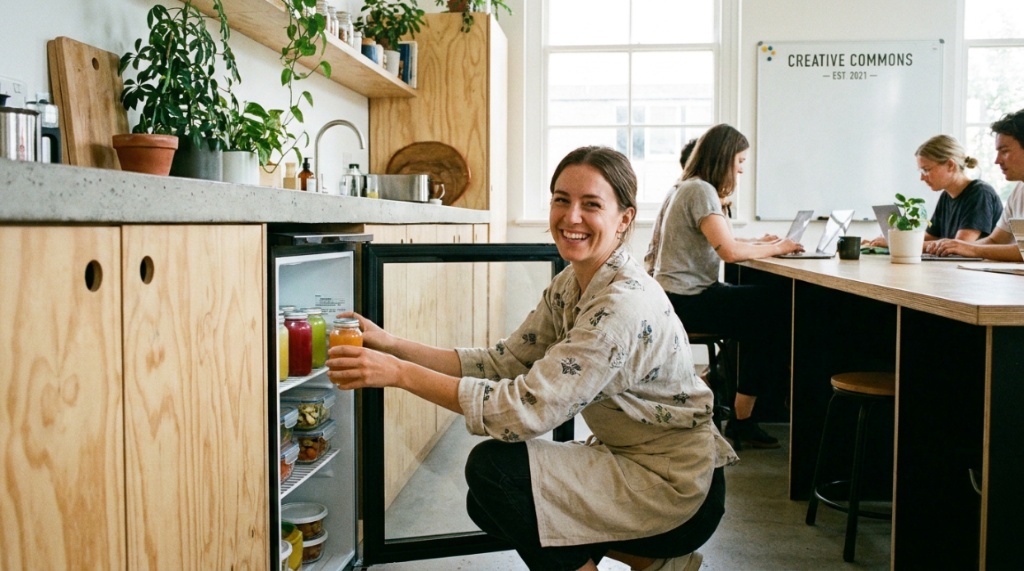 A small business owner organizing fresh drinks inside an office kitchen refrigerator.