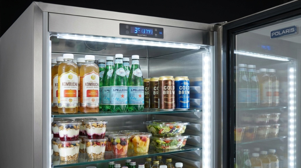 An open compact refrigerator showcasing adjustable shelves and digital temperature controls.