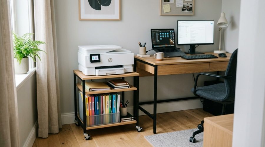 rganized home office desk next to a wooden printer stand with storage baskets.