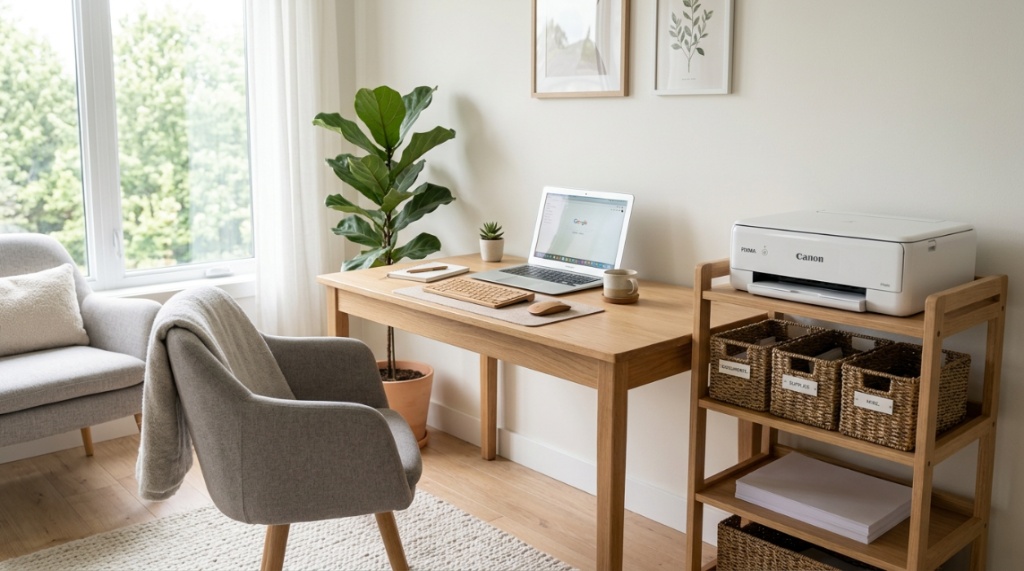 Compact rolling printer cart with extra shelves next to an office desk.