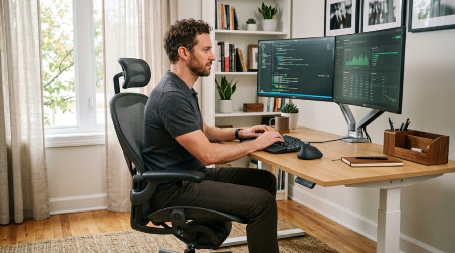 Professional working comfortably in an ergonomic office chair at a desk.