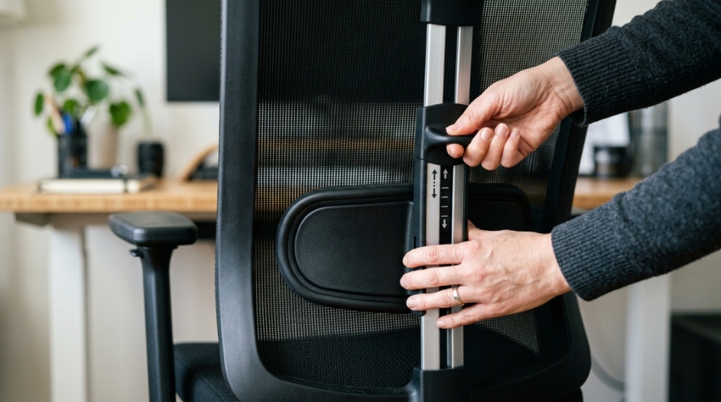 Hands adjusting the lumbar support mechanism on an office chair.
