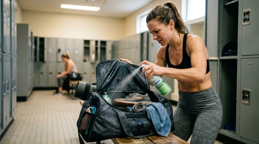 Sweaty workout clothes piled inside an open gym bag.