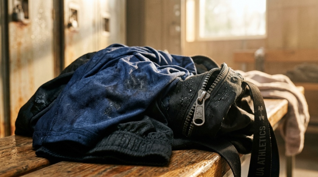 Spraying a disinfectant inside a damp gym bag.
