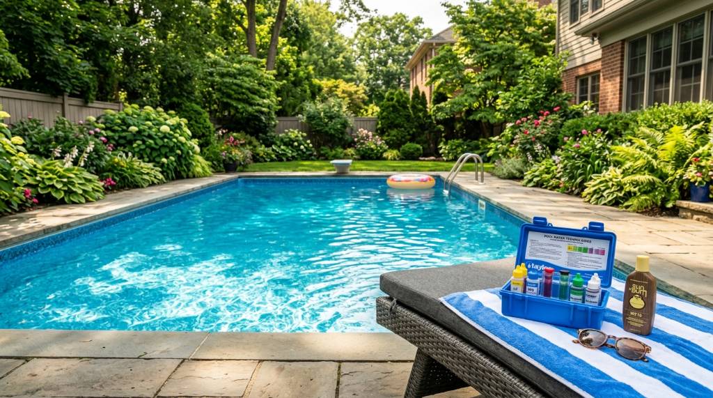 A pool technician skimming leaves from a residential pool.